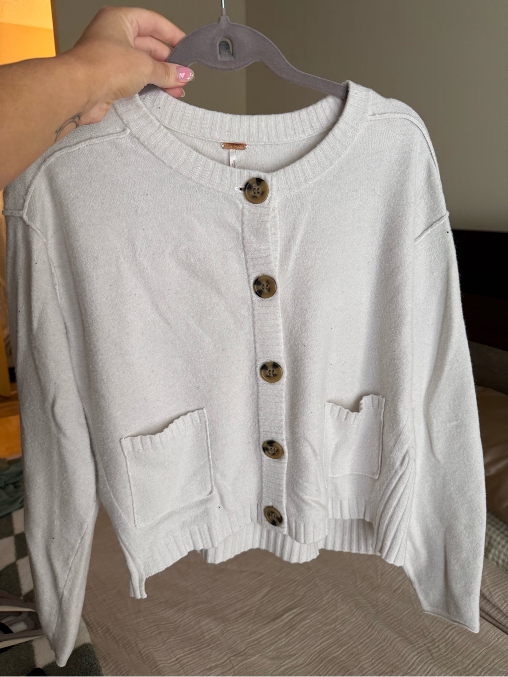 Free People Cream Button-Front Knit Cardigan